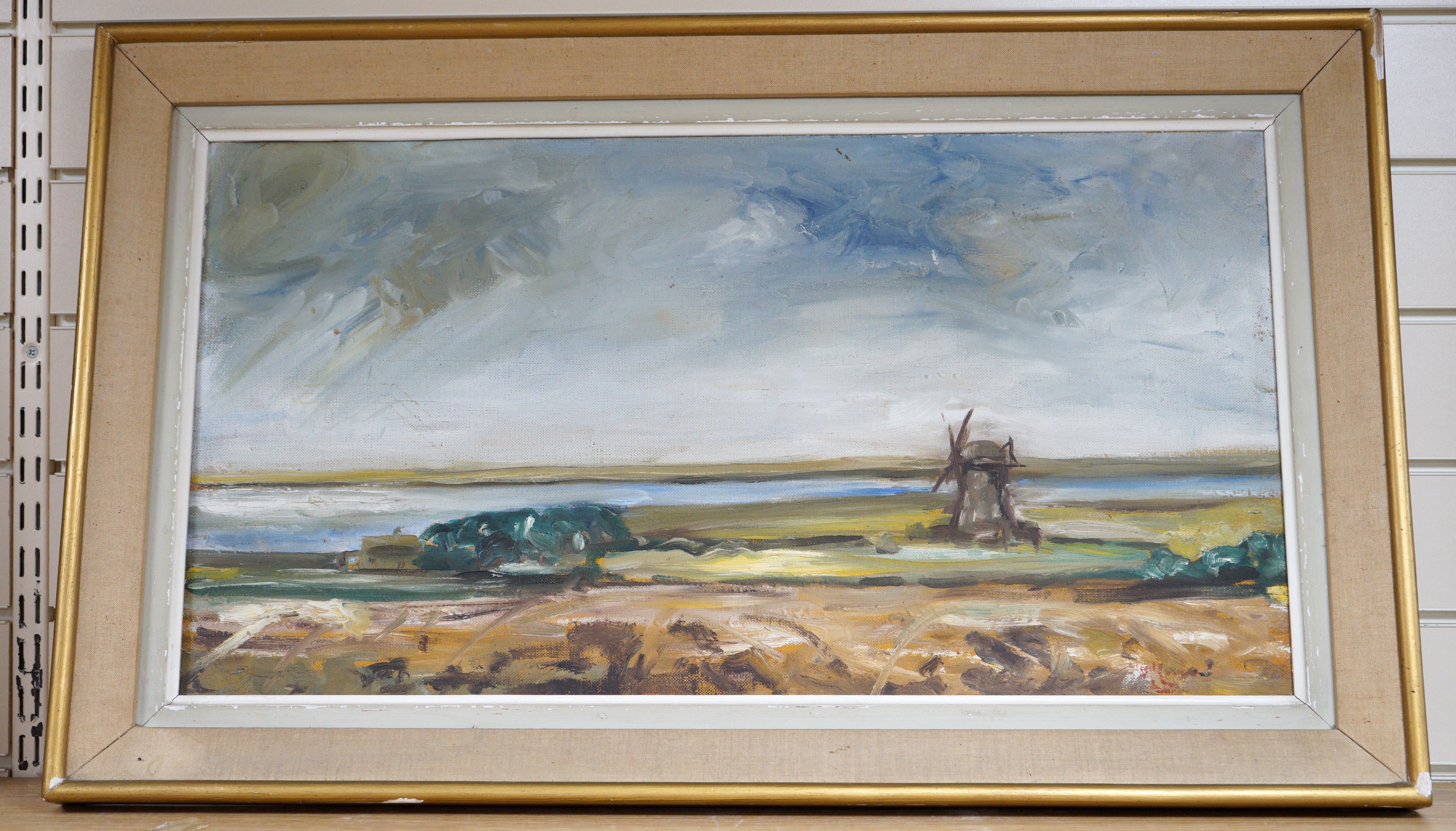 Nigel Longmore, oil on canvas, Windmill in a landscape, 37 x 70cm